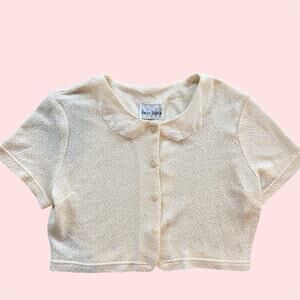 Vintage Focus Studio Cottage Core Coquette Cropped Knit Blouse With Lace Collar